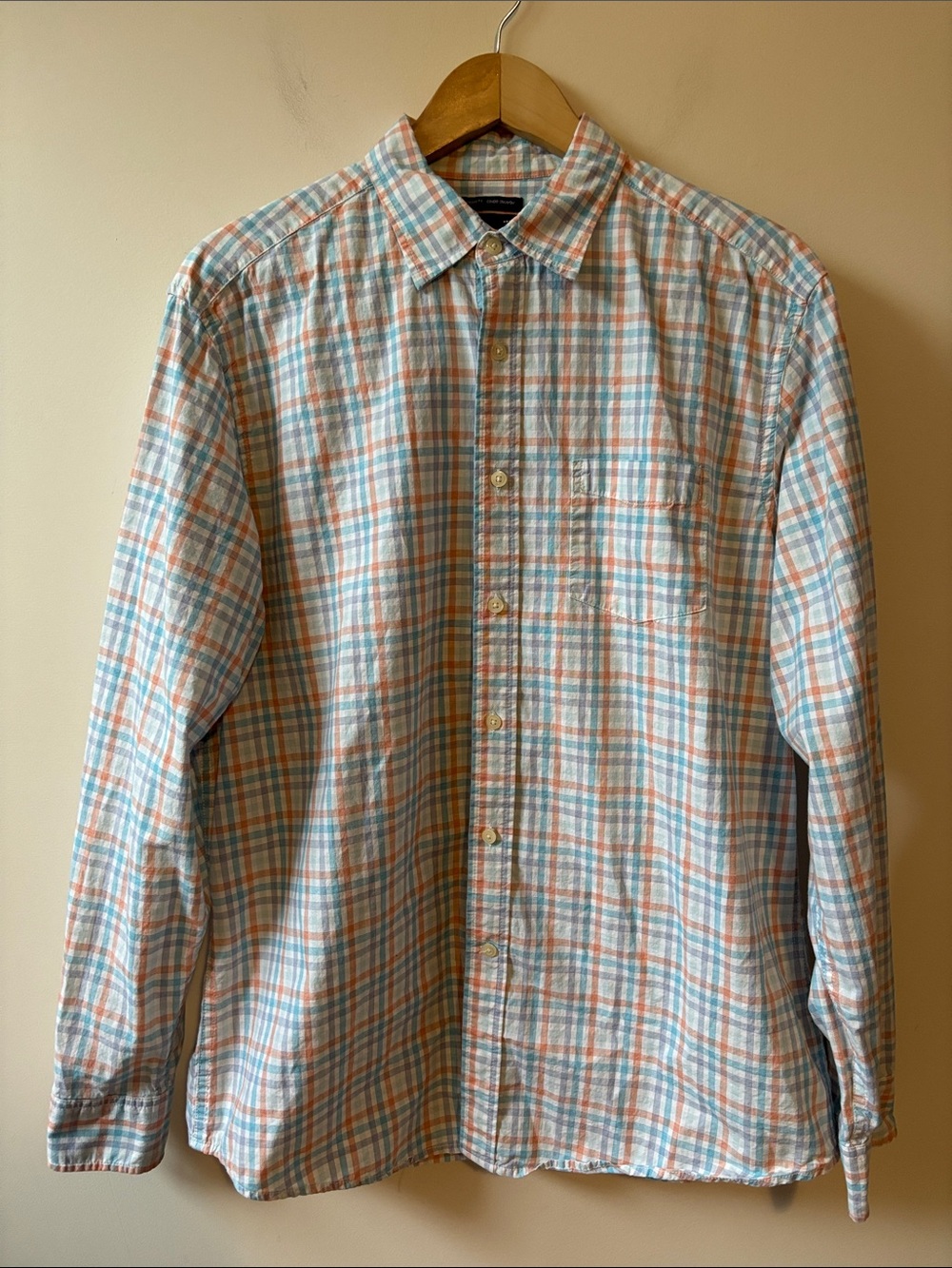 GAP Light Blue and Orange Plaid Button-Down Cotton Shirt